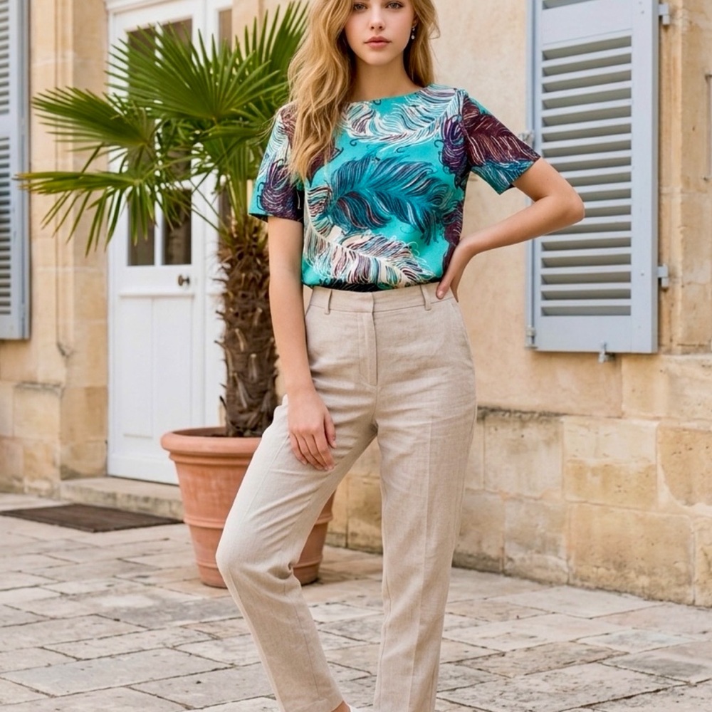 kate spade Teal and Brown Feather-Print Short Sleeve Top